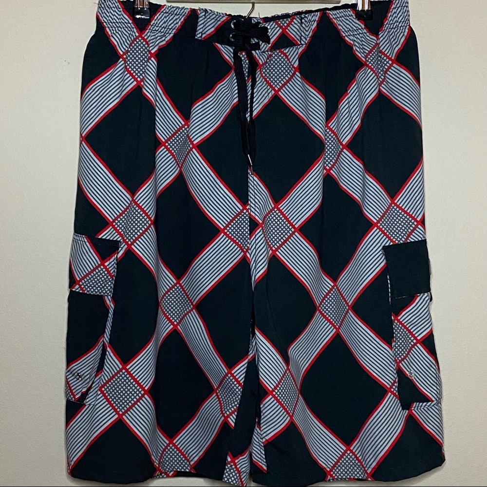 Ocean Blue Men XXL Swim Trunks Black Red Gray Diamond Print Mesh Lining